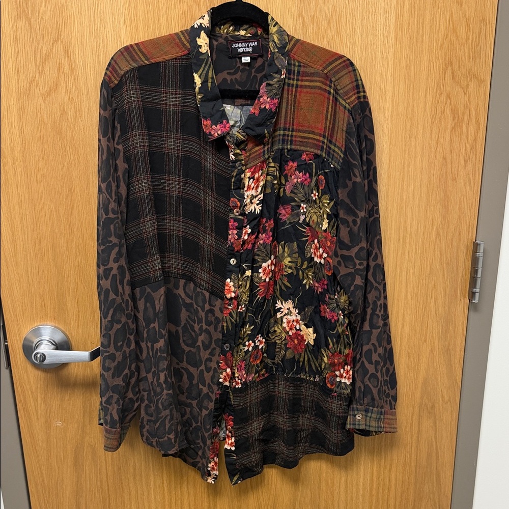 Johnny Was Multicolor Floral, Plaid & Leopard Patchwork Shirt